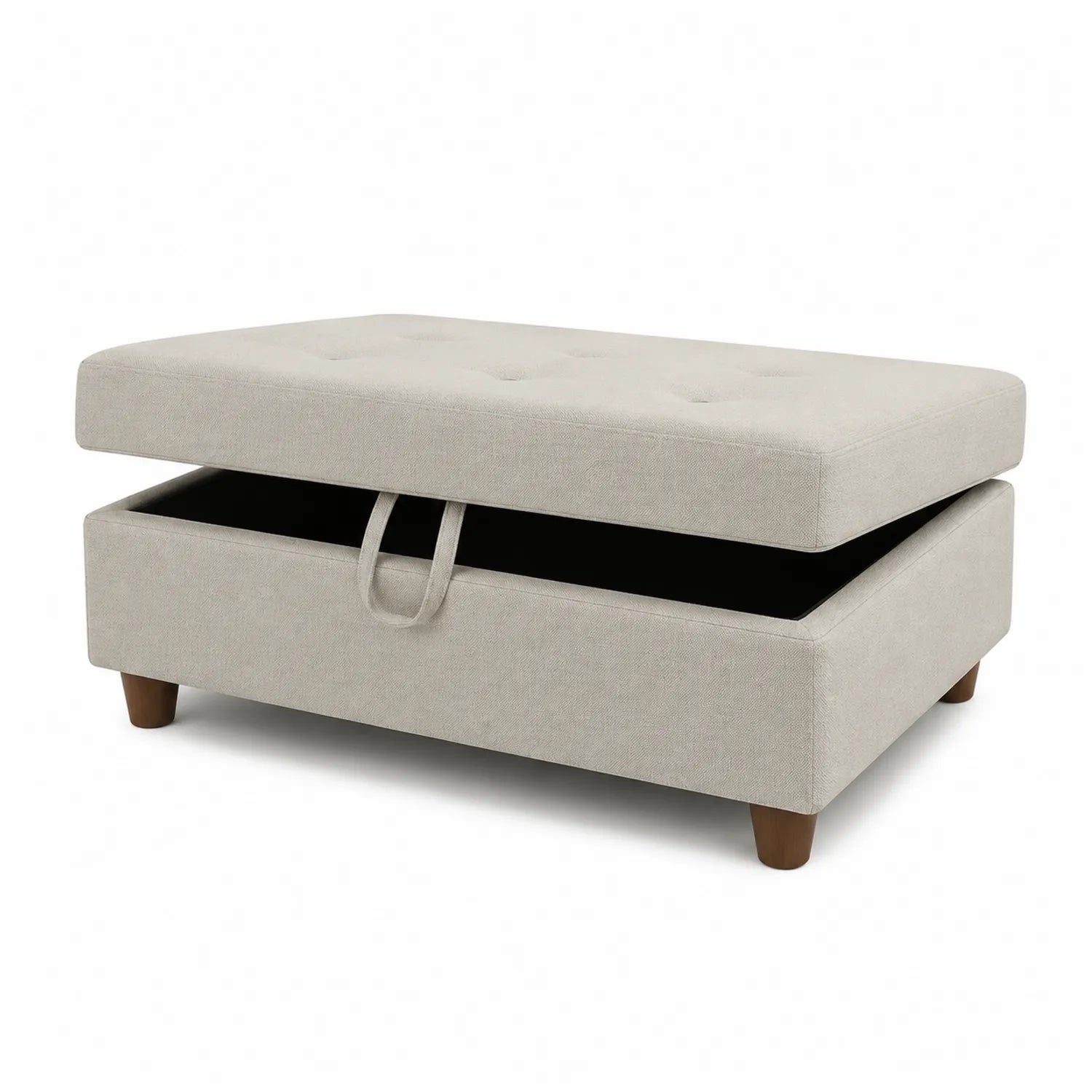 Poggiapiedi Contenitore in Tessuto Beige con Gambe in Legno