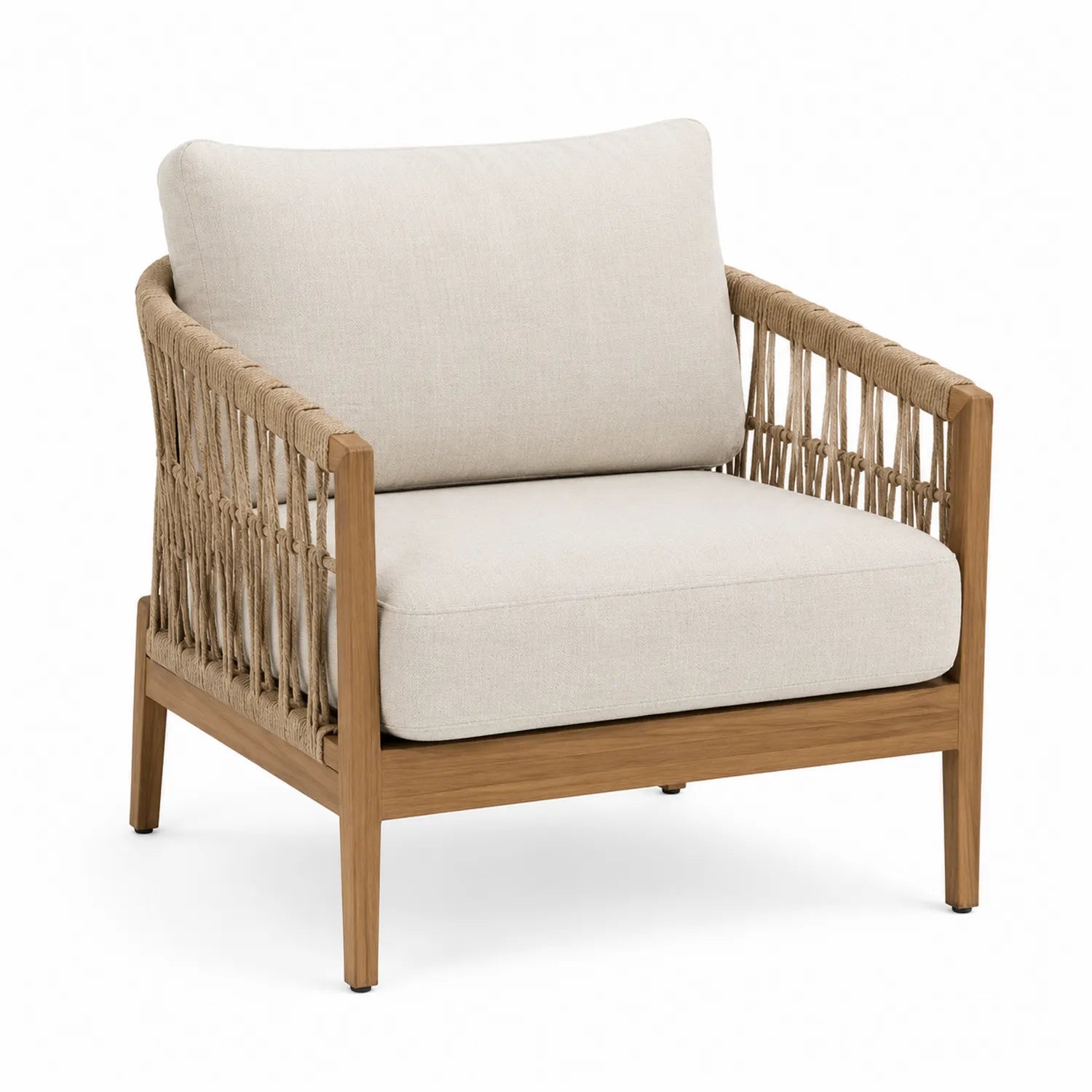 Poltrona da esterno in teak con cuscini in tessuto beige
