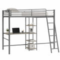 Letto a soppalco con scrivania e scaffali in metallo grigio