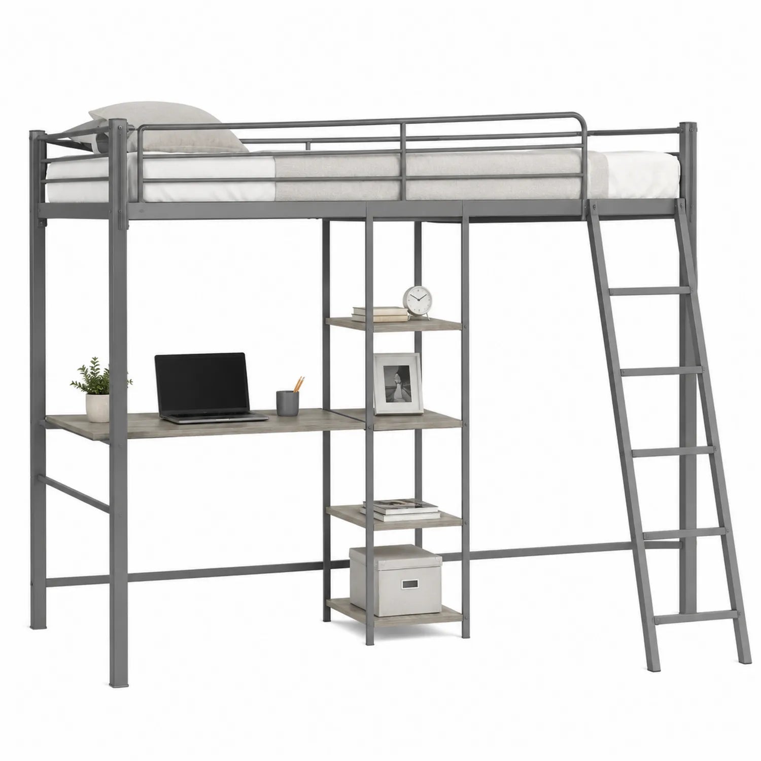 Letto a soppalco con scrivania e scaffali in metallo grigio