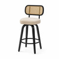 Sgabello da Bar in Acciaio con Seduta Rotonda in Tessuto Beige e Schienale in Rattan